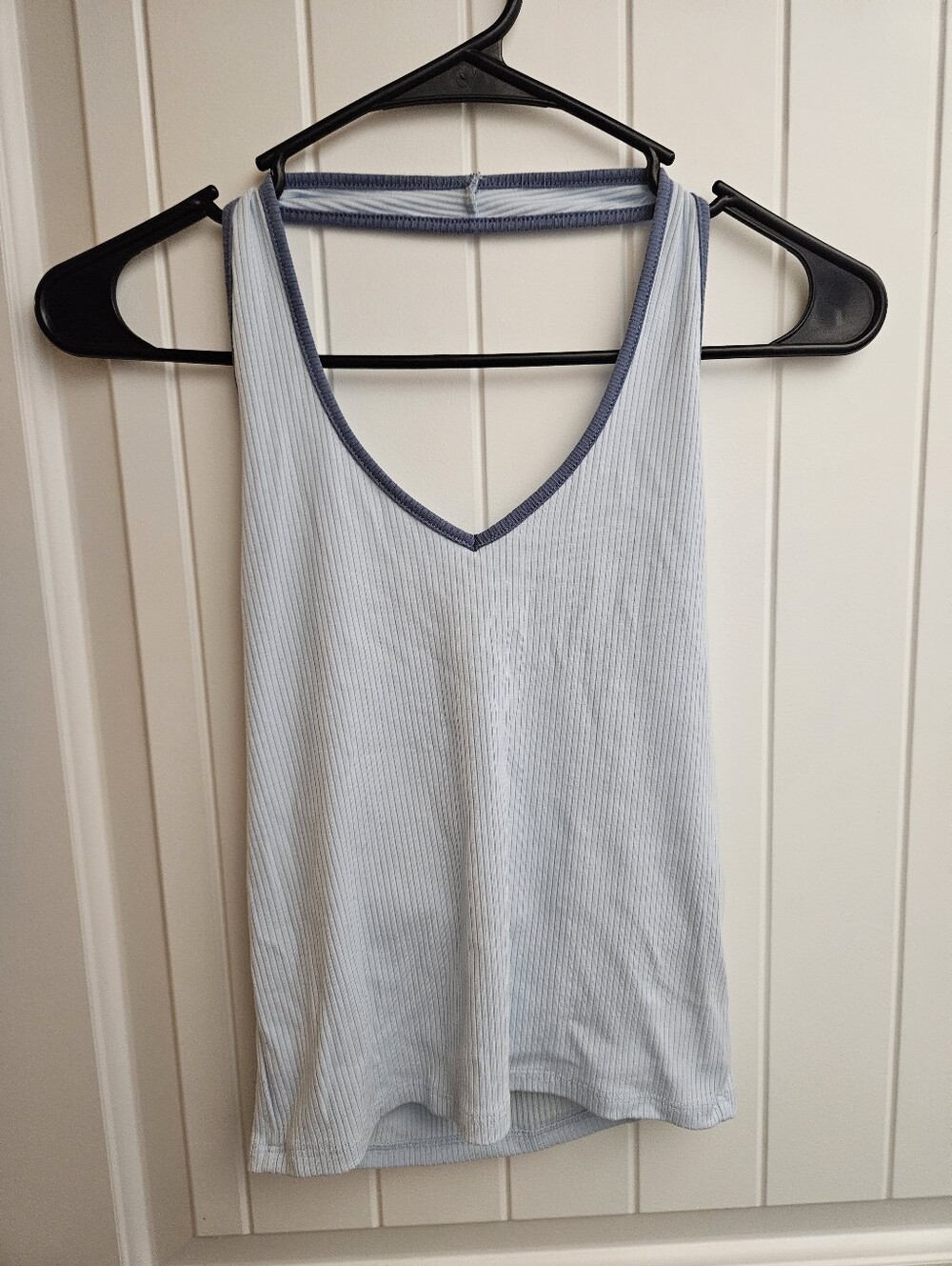 American Eagle Outfitters Light Blue V-Neck Halter Top with Navy Trim